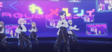a group of anime characters are dancing in front of a wall that says equipe