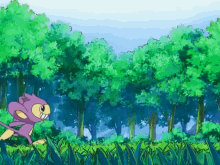 a purple and yellow cartoon character is running through a lush green forest