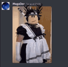 a picture of a person dressed as a maid with megadev written on the bottom