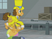 a cartoon of a man in a top hat holding a horse