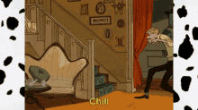 a cartoon of a man standing next to a couch with the word chill on the bottom right