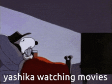 a cartoon of snoopy laying on a couch watching tv with the caption yashika watching movies