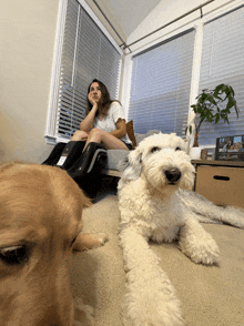 a woman sits on a couch with her legs crossed while a dog lays on the floor next to her