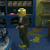 a man in a suit with a yellow cylinder on his head stands in front of a shelf with boxes of pepsi