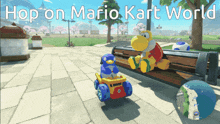 a video game called hop on mario kart world with a penguin driving a toy car