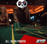 a panda wearing sunglasses is playing roulette in a casino