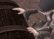 a video game character is reaching for a wooden object