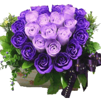 a bouquet of purple roses in a basket with a purple bow