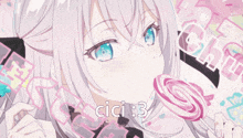 a girl with white hair and blue eyes is holding a lollipop and the words cici 3 are visible