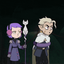 two cartoon characters standing next to each other one holding a cat wand