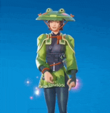 a girl wearing a frog hat is standing in front of a blue background .