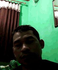 a man is taking a picture of himself in a green room