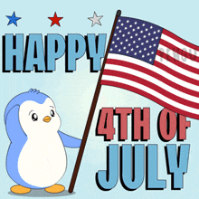 a happy 4th of july greeting card with a penguin