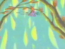 a cartoon character is hanging from a tree branch with a yellow background