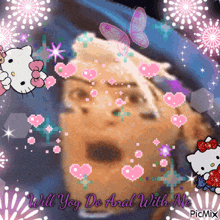a picture of a hello kitty and a dog with the words " will you do anal with me " on it