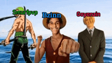 a man in a straw hat is pointing at the camera while two other men are standing in front of the ocean .