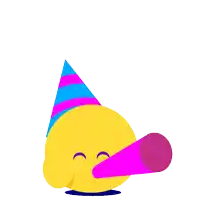 a yellow smiley face wearing a party hat blowing a pink party horn