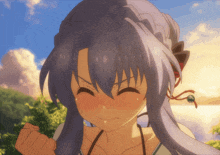 a girl with long purple hair is making a face with her mouth open