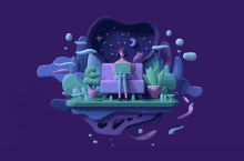 an illustration of a woman sitting on a couch holding a laptop