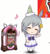 a cartoon girl is standing next to a jukebox .
