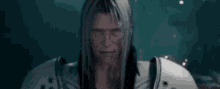 a man with long white hair is wearing a white suit and looking at the camera .