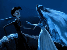 a cartoon bride and groom are standing next to each other in the dark