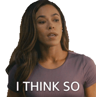 a woman in a purple shirt says " i think so " in white letters