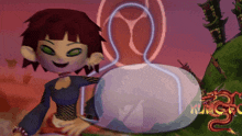 a cartoon character is standing next to a white ball with a dragon on the bottom
