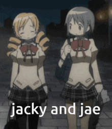 two anime girls standing next to each other with the words jacky and jae written on the bottom