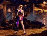 a woman in a purple dress is standing in a ruined building