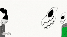 a black and white drawing of a man , a skeleton , and a mask .