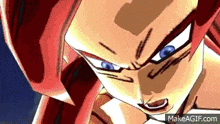 a close up of a person 's face with red hair and blue eyes .