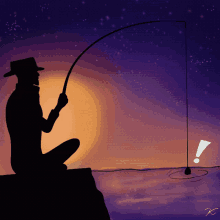 a silhouette of a man fishing with an exclamation mark in the background