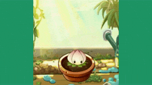 a cartoon illustration of a plant in a pot with water coming out of it .