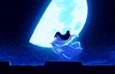 a woman in a blue dress is standing in front of a blue moon