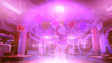 a girl with pink hair is dancing on a stage with balloons hanging from the ceiling