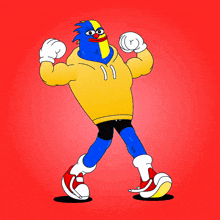 a cartoon character with a yellow hoodie and red shoes