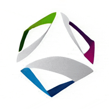 a white cube with a green blue and purple stripe around it