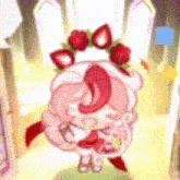 a cartoon character with a wreath of strawberries on her head