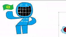 a drawing of a blue cartoon character holding a green dollar sign
