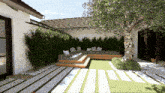 an artist 's impression of a patio with a tree and a couch