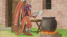 a dragon with purple hair is holding a knife in front of a pot
