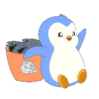 a penguin is sitting next to a bucket of fish