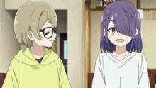 a girl with purple hair and glasses is standing next to another girl