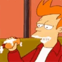 a cartoon character is sitting on a couch eating a sandwich .