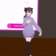 a girl in a purple sweater is standing in front of a sign that says " continue "