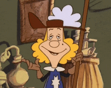 a cartoon character is wearing a hat and holding a sword