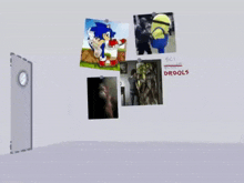 a cartoon drawing of a room with pictures on the wall and the word drools on the bottom right