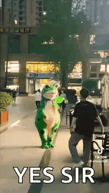 a person in a frog costume is walking down a street .