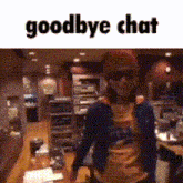 a woman in a red hat is standing in a room with the words goodbye chat above her